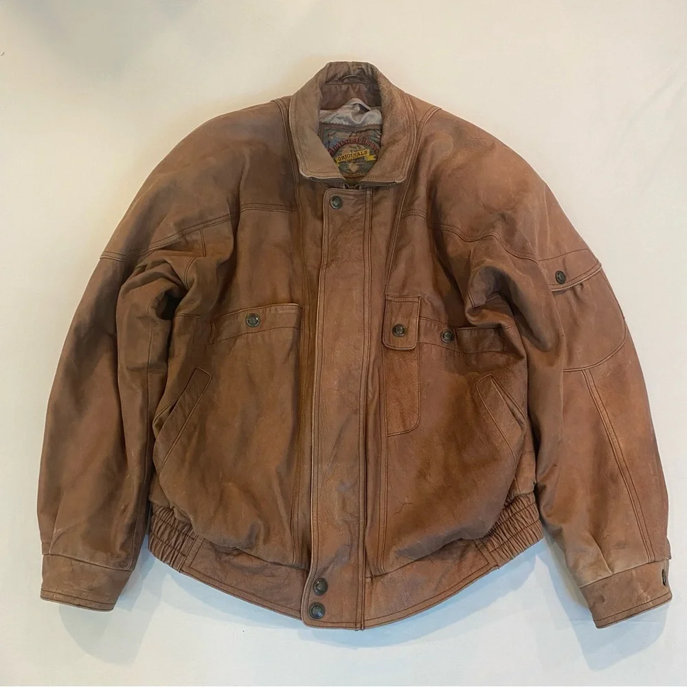 Men's Vintage Brown Leather Bomber Jacket, Size Large - Picture 1 of 7